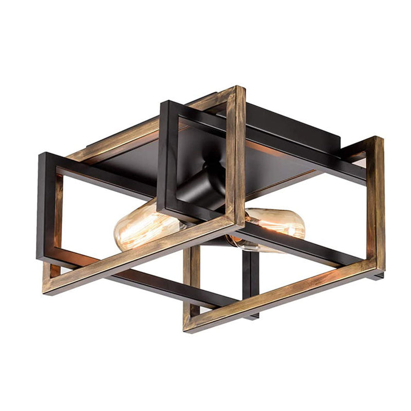 Contemporary Industrial Square Iron 2-Light Semi-Flush Mount Ceiling Light For Living Room