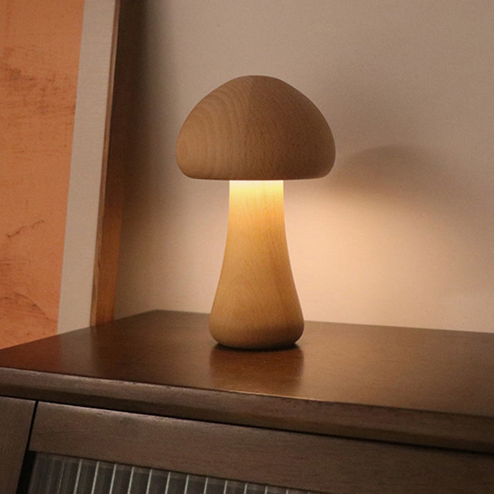 Contemporary Creative USB Mushroom Wood LED Table Lamp For Bedroom