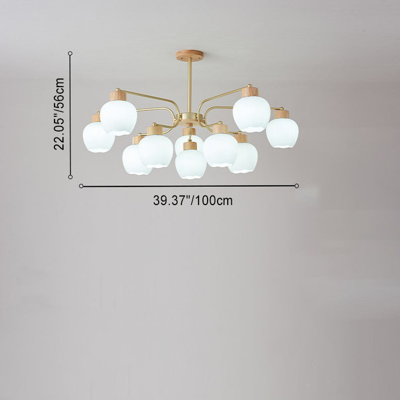 Modern Minimalist Curved Pole White Bellflower Hardware Wood Glass 6/10 Light Chandelier For Living Room