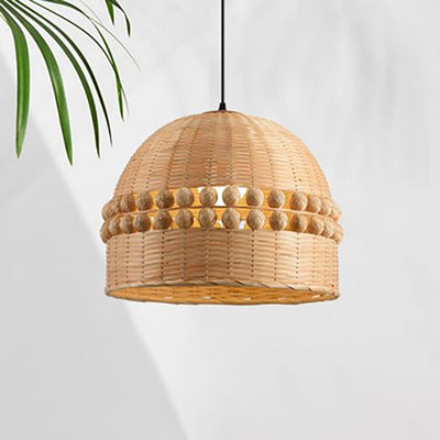 Traditional Chinese Round Dome Bamboo Weaving Hollow 1-Light Pendant Light For Living Room