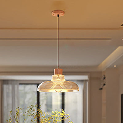 Contemporary Retro Wood Vertical Glass Round Shade 1-Light Pendant Light For Living Room