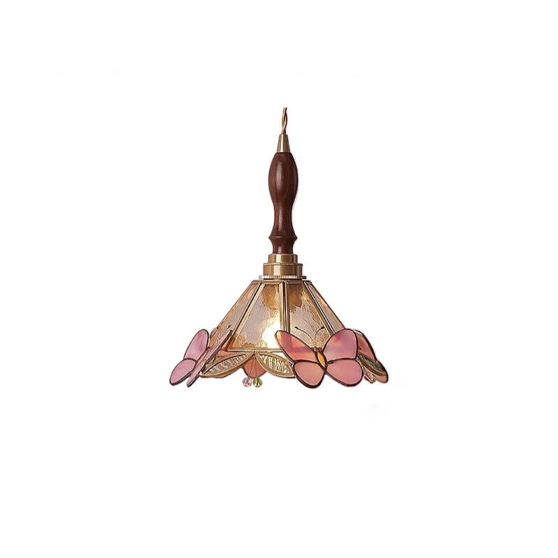 Traditional Japanese Butterfly Glass Conical 1-Light Pendant Light For Living Room