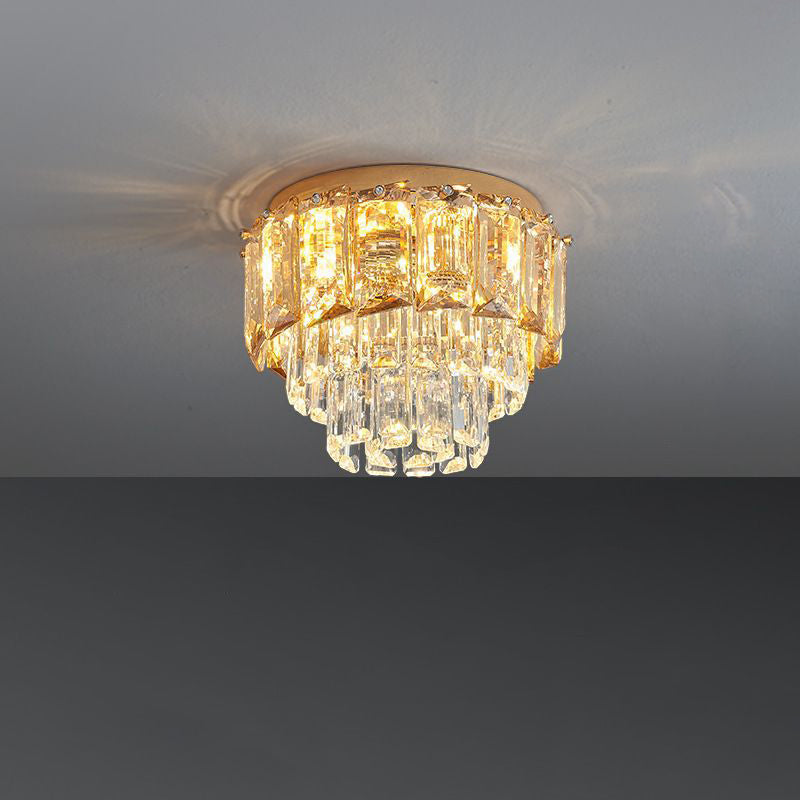 Modern Luxury Art Deco Round Crystal Gold 3-Light Flush Mount Ceiling Light For Hallway