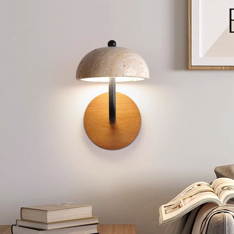 Traditional Japanese Dolomite Walnut Round Hemispherical LED Wall Sconce Lamp For Bedside