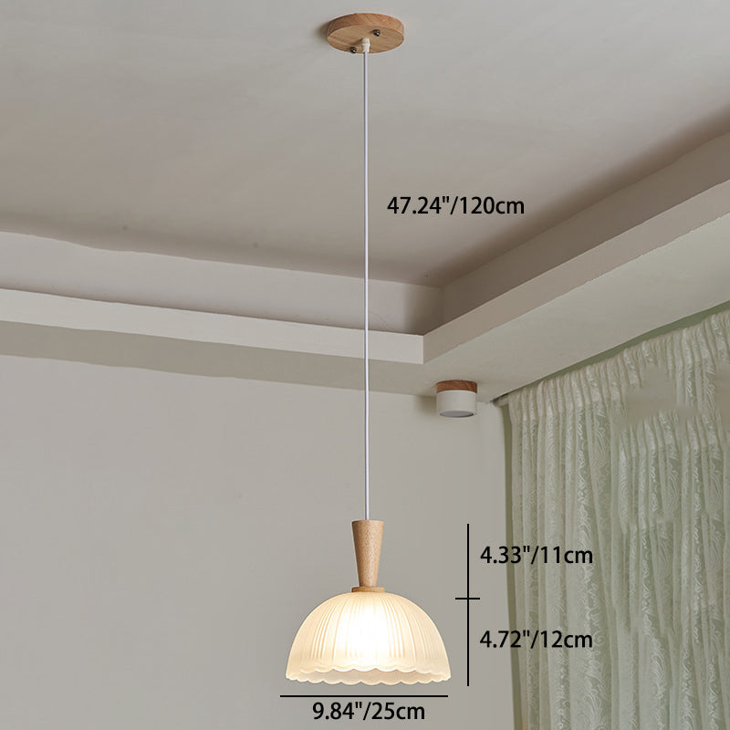 Modern Minimalist Round Lace Stripe Glass Wood 1-Light Pendant Light For Living Room