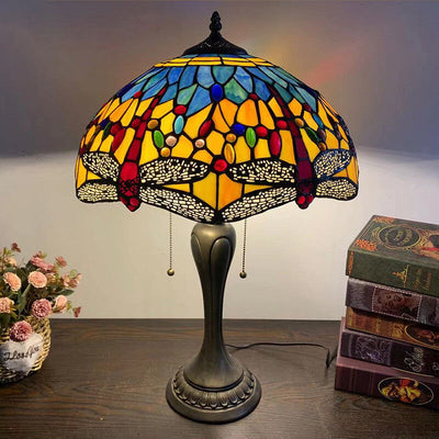 Traditional Tiffany Umbrella Flower Dragonfly Alloy Stained Glass 2-Light Table Lamp For Bedroom