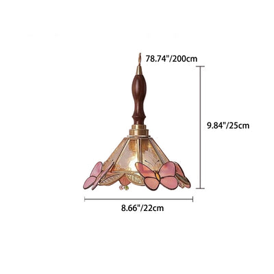 Traditional Japanese Butterfly Glass Conical 1-Light Pendant Light For Living Room