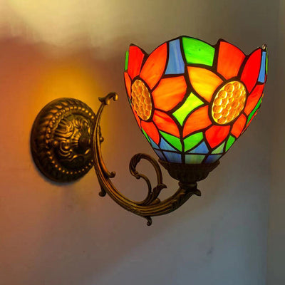 Traditional Tiffany Flower Iron Stained Glass 1-Light Wall Sconce Lamp For Living Room