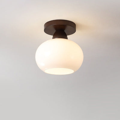 Modern Minimalist Lantern Glass Wood 1-Light Semi-Flush Mount Ceiling Light For Living Room