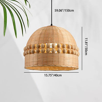 Traditional Chinese Round Dome Bamboo Weaving Hollow 1-Light Pendant Light For Living Room