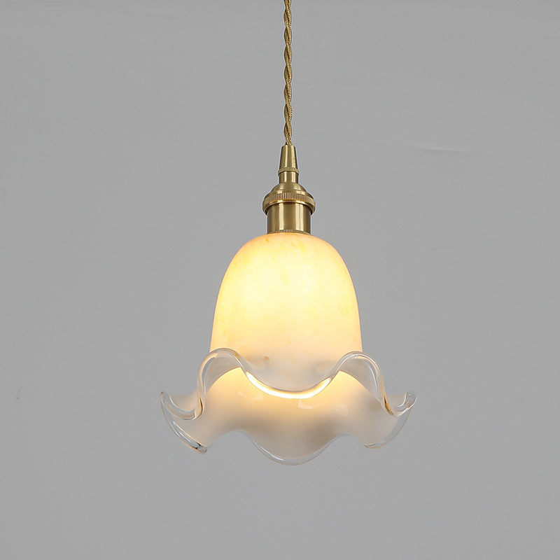 Modern Minimalist Flower Shaped All Brass Glass 1-Light Pendant Light For Bedroom