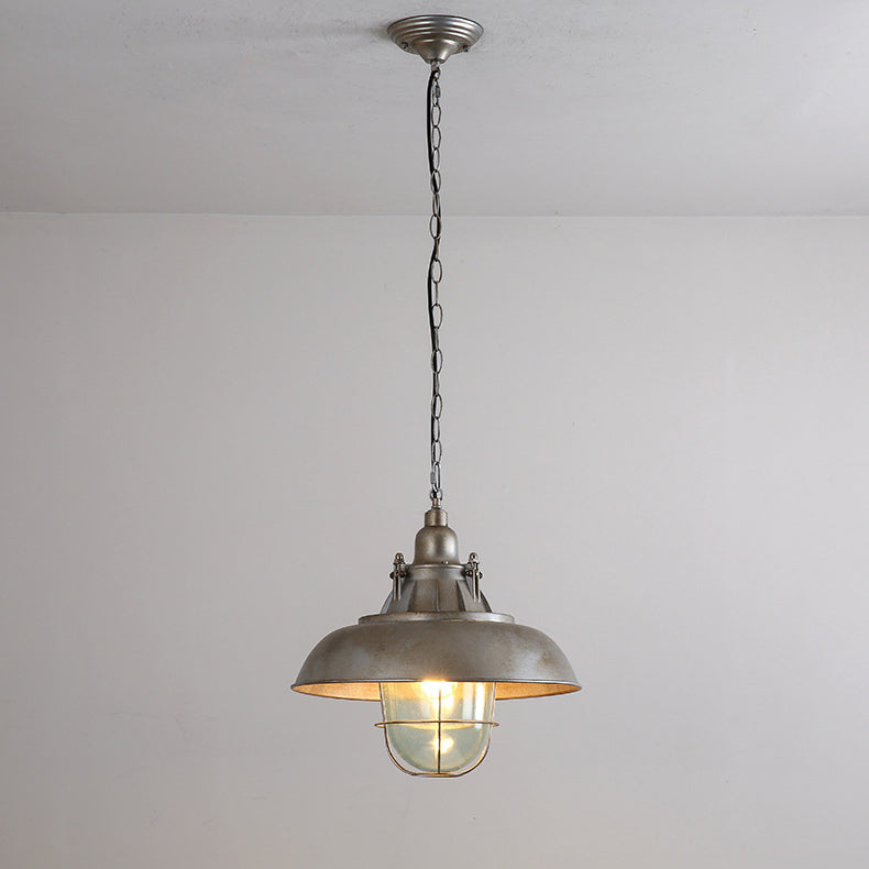 Luz colgante de 1 luz con pantalla semicircular de aluminio gris envejecido retro industrial contemporáneo para sala de entretenimiento 