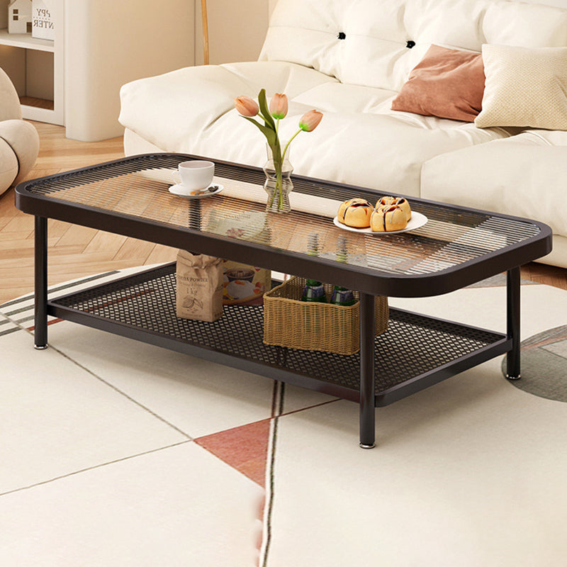 Modern Minimalist Rectangular Glass Carbon Steel Coffee Table 2-Tier For Living Room