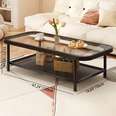 Modern Minimalist Rectangular Glass Carbon Steel Coffee Table 2-Tier For Living Room