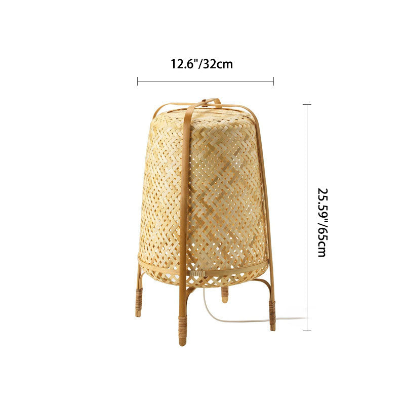 Traditional Japanese Cylindrical Hand-Woven Bamboo 1-Light Standing Floor Lamp For Bedroom