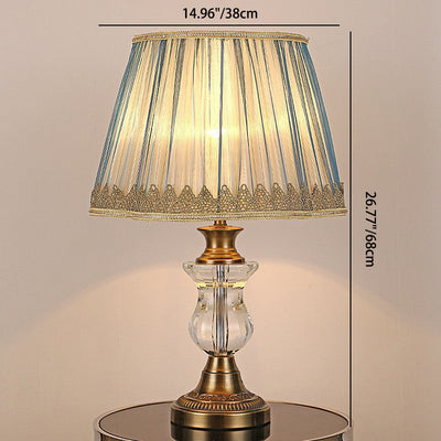 Traditional European Cylinder Hardware Crystal Fabric 1-Light Table Lamp For Bedroom