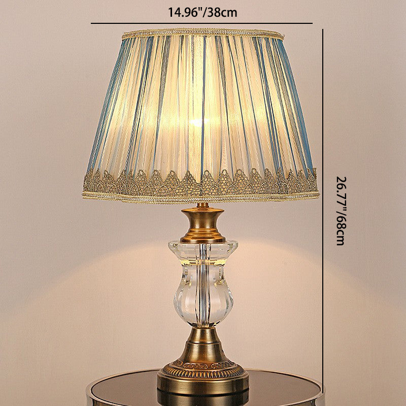 Traditional European Cylinder Hardware Crystal Fabric 1-Light Table Lamp For Bedroom