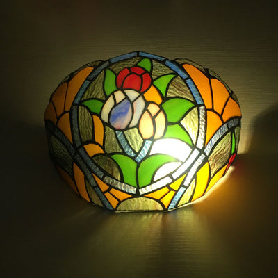 Traditional Tiffany Alloy Glass Diamond Semicircular Flower Dragonfly 1-Light Wall Sconce Lamp For Hallway