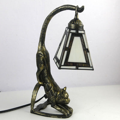 Traditional Tiffany Leopard Ladder Flower Cup Iron Glass 1-Light Table Lamp For Bedroom