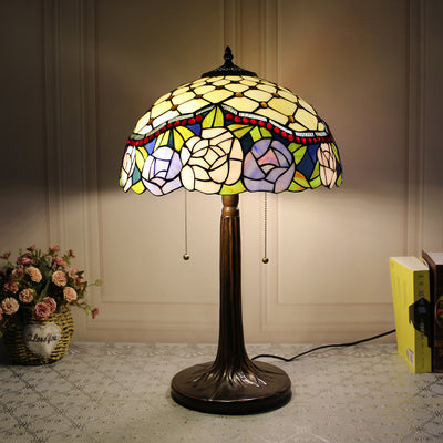 Traditional Tiffany Dome Rose Zipped Zinc Alloy Glass 2-Light Table Lamp For Bedside