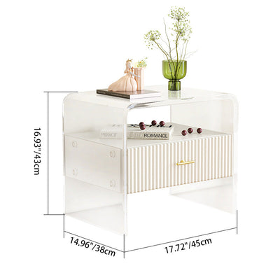 Modern Luxury Rectangular Table Top Acrylic Tempered Glass Solid Wood Nightstand 1-Drawer For Bedroom