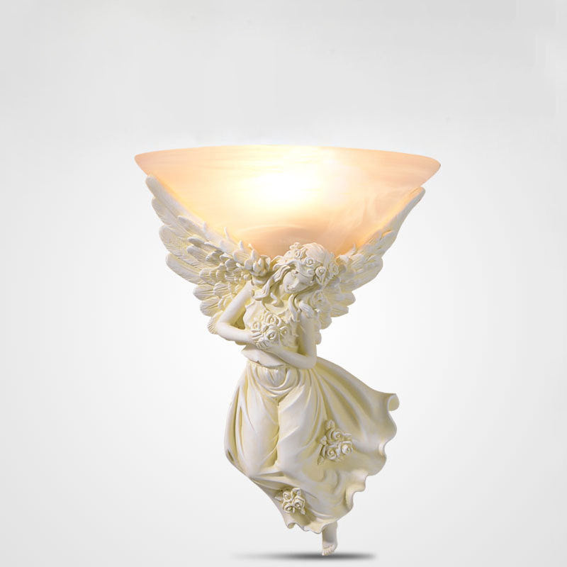 Traditional European Resin Angel Wing Glass Cup Shade 1-Light Wall Sconce Lamp For Living Room