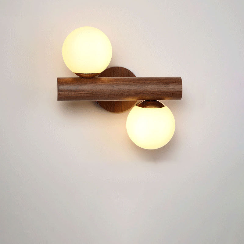 Contemporary Scandinavian Cylinder Orb Rubberwood Glass 2-Light Wall Sconce Lamp For Bedroom