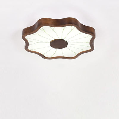 Traditional Chinese Lotus Leaf Wooden Iron Acrylic LED Flush Mount Ceiling Light For Living Room