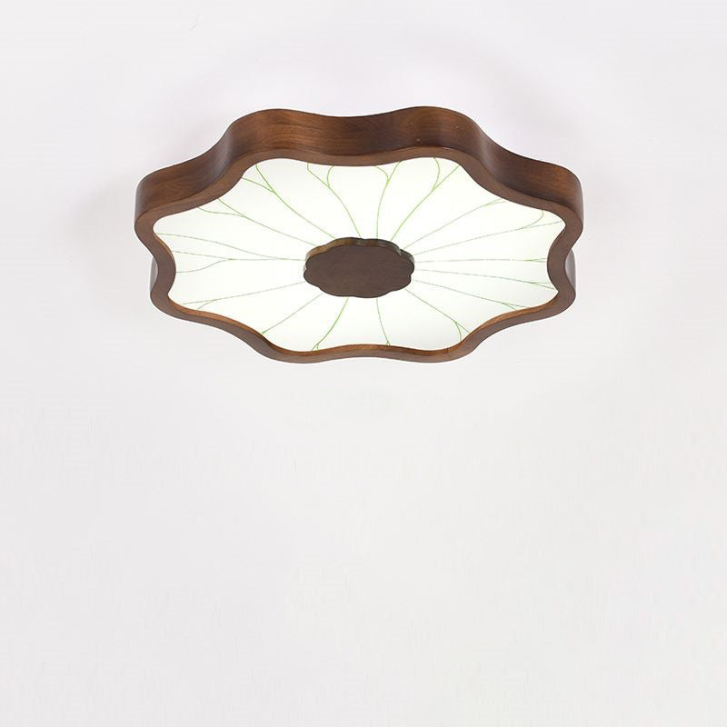 Traditional Chinese Lotus Leaf Wooden Iron Acrylic LED Flush Mount Ceiling Light For Living Room