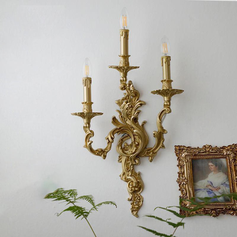 Traditional French Luxury Brass Candelabra Carved 2/3 Light Wall Sconce Lamp For Bedroom