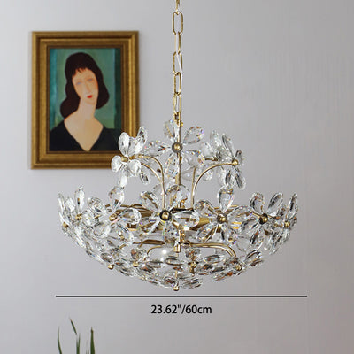 Traditional French Copper Iron Crystal Flower Hemispheric 6/8 Light Chandeliers For Bedroom