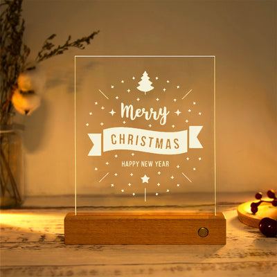 Modern Christmas Rectangular Acrylic Plate Solid Wood USB LED Table Lamp