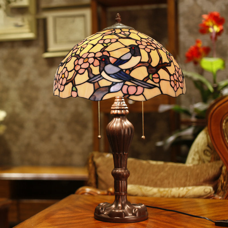 Traditional Tiffany Half Ball Magpie Plum Flower Iron Glass 2-Light Table Lamp For Bedroom