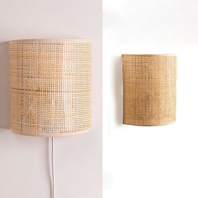 Traditional Japanese Half Cylinder Rattan 1-Light Wall Sconce Lamp For Living Room