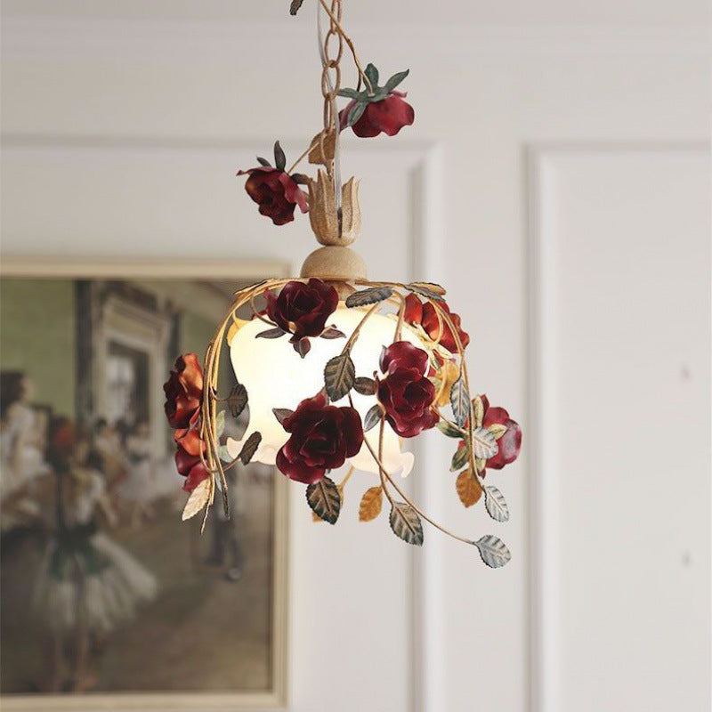 Contemporary Retro Iron Glass Rose 1-Light Pendant Light For Bedroom