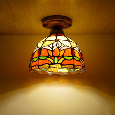 Traditional Tiffany Tulip Stained Glass Iron Dome 1-light Semi-Flush Mount Ceiling Light For Living Room