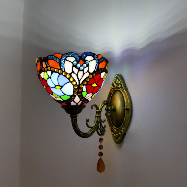 Traditional Tiffany Cup Rose Sunflower Dragonfly Iron Stained Glass 1-Light Wall Sconce Lamp For Bedroom