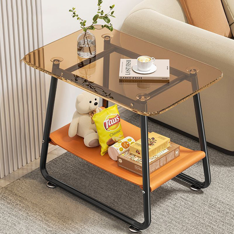 Contemporary Nordic Rectangular Tempered Glass Carbon Steel End Table 2-Tier For Living Room