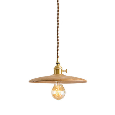 Contemporary Retro Wood Round Dish Irregular Grain 1-Light Pendant Light For Dining Room