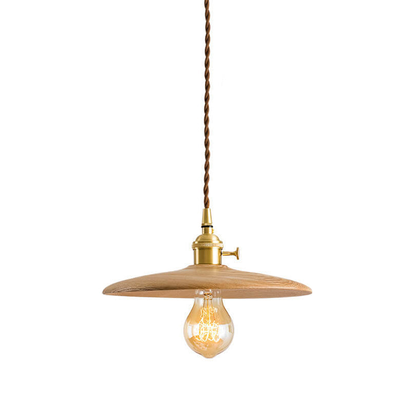 Contemporary Retro Wood Round Dish Irregular Grain 1-Light Pendant Light For Dining Room