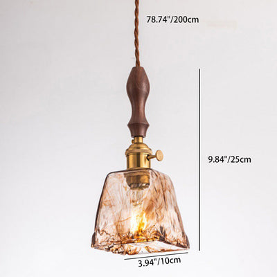 Contemporary Creative Square Rectangle Brass Wood Glass 1-Light Pendant Light For Living Room