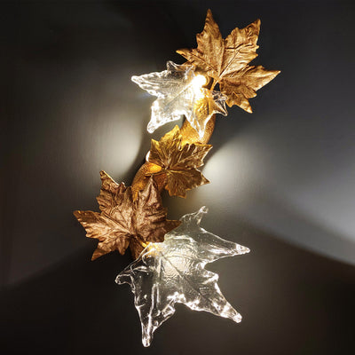 Contemporary Creative Copper Glass Splicing Maple Leaves Design 2-Light Wall Sconce Lamp For Living Room