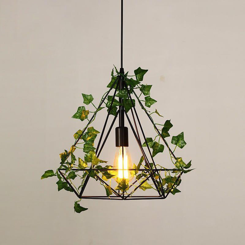 Contemporary Retro Iron Hemp Rope Simulated Greenery Diamond Sakura Leaf 1-Light Pendant Light For Dining Room