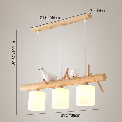 Contemporary Scandinavian Bird Cylinder Tree Branch Log Glass 2/3 Light Island Light Chandelier For Dining Room