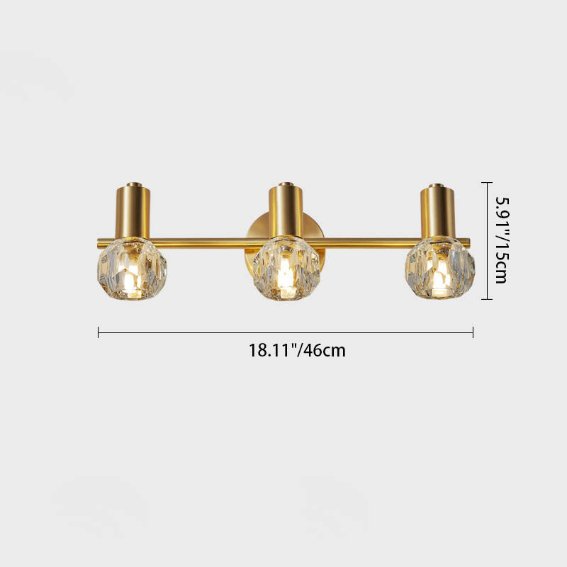 Modern Luxury Cylinder Diamond All Brass Crystal 2/3 Light Vanity Light Wall Sconce Lamp For Bathroom