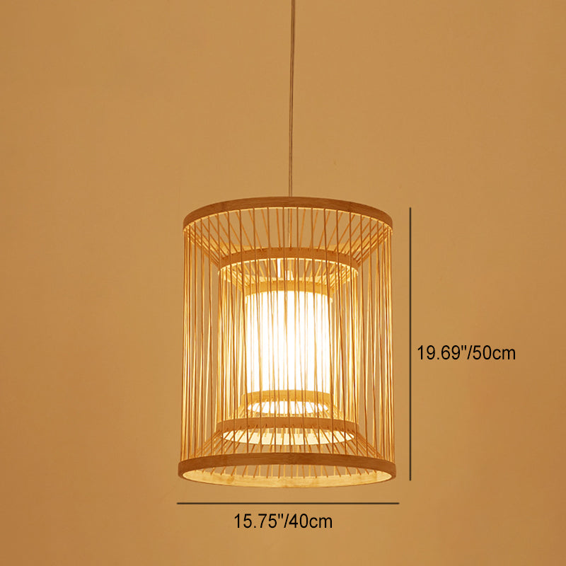 Traditional Chinese Round Vertical Bamboo 1-Light Pendant Light For Living Room