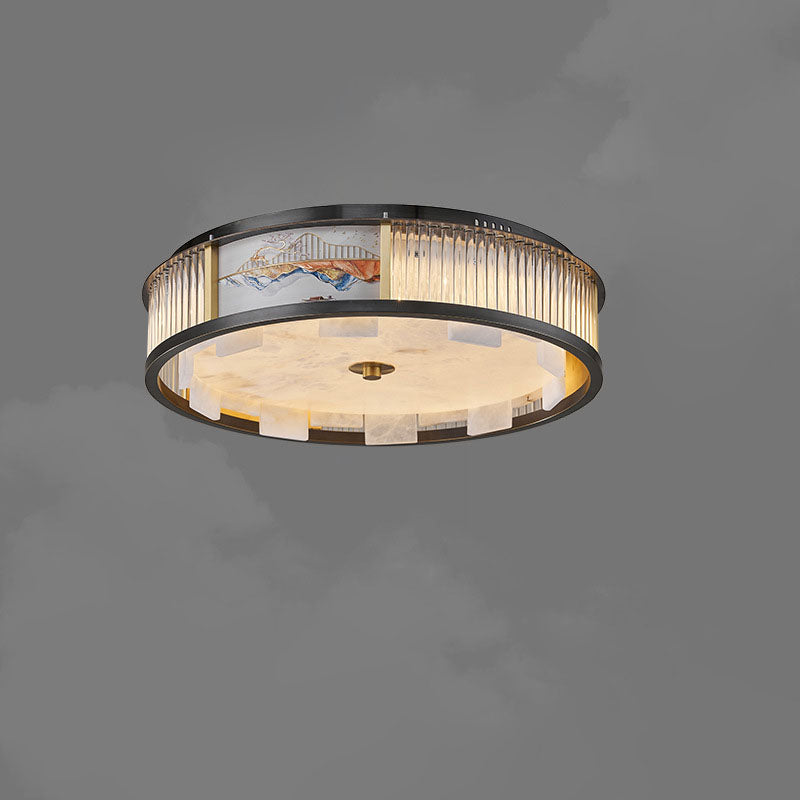 Traditional Chinese Luxury Marble Brass Round LED Flush Mount Ceiling Light For Living Room