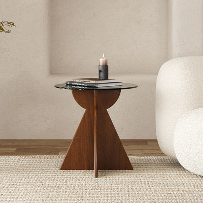 Contemporary Nordic Round Cross-Legged Glass Pine Wood Side Table For Living Room