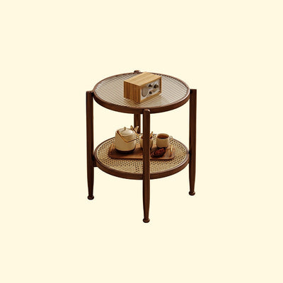 Traditional Japanese Round Glass Rattan Solid Wood End Table 2-Tier For Living Room