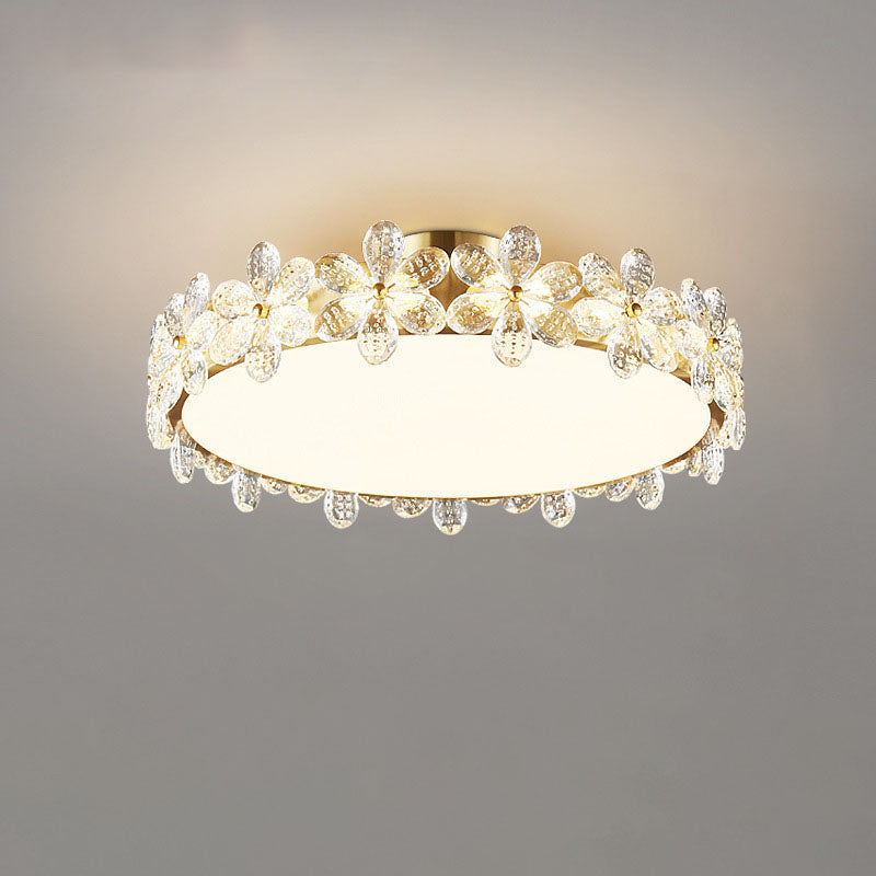 Contemporary Creative Cylindrical Cherry Blossom Copper Glass Crystal LED Semi-Flush Mount Ceiling Light For Living Room